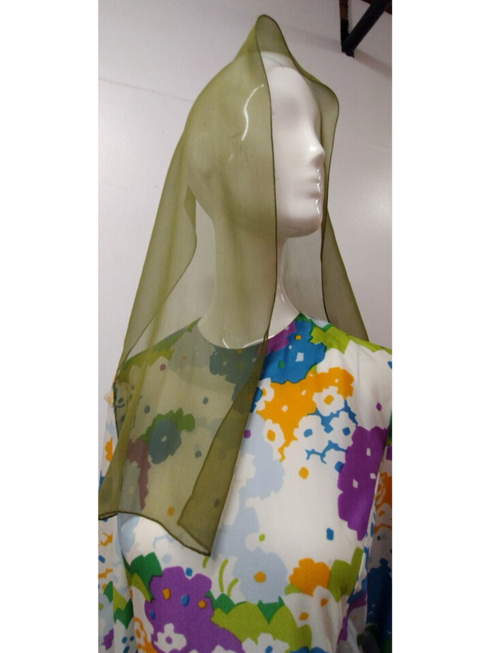 Vintage 40s 1950s Glentex Chiffon Silk Scarf Olive Chartreuse RARE COLOR JAPAN